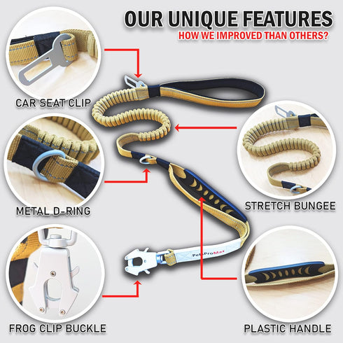 Tactical Dog Leash for Large Dogs, Heavy Duty Elastic Bungee with Car Seat Belt Clip, Brown