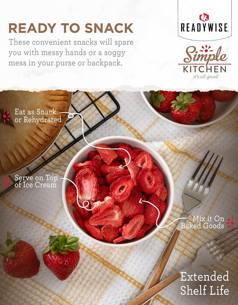 18 READYWISE - Simple Kitchen Freeze Dried Strawberries, Servings, Vegan, Gluten Free, Healthy Snack, Survival Food