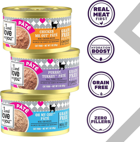 I and love and you Wet Cat Food - Pâté All Day Variety Pack - Cod, Turkey, Chicken, Grain Free, Filler Free, 5.5oz Pack of 12 Cans