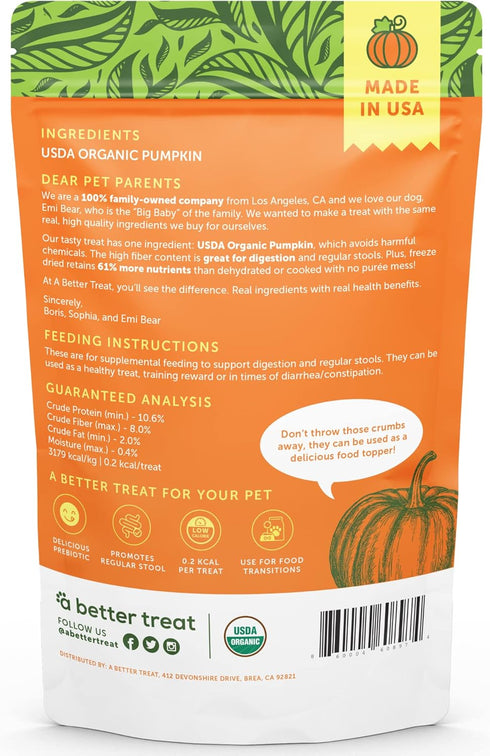 A Better Treat – Freeze Dried Organic Pumpkin Dog and Cat Treats, Healthy Single Ingredient Made in USA