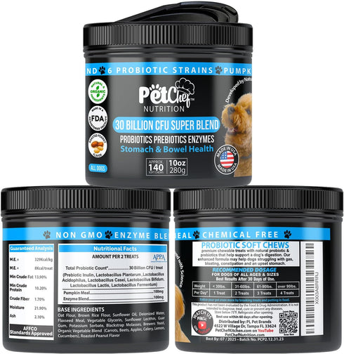 Pet Chef Probiotics Prebiotics Chew Treats for Dogs - Digestive Gut & Bowel Health Blend for Puppies and Old Dogs,