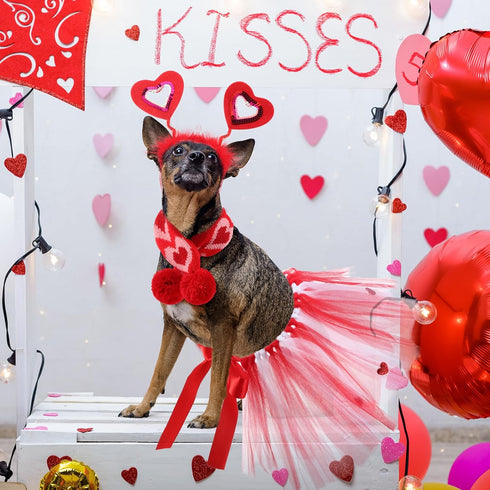 3 Pieces Valentines Day Dog Costume Set, Red Valentines Love Headband, Dog Tutu Dress, Cute PET Tutu Scarf for Medium