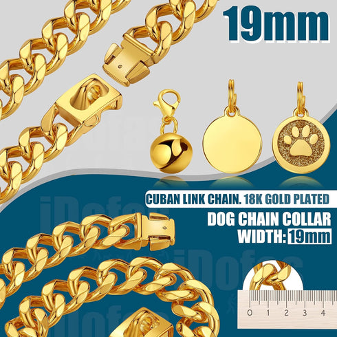 Gold Dog Chain Collar 19mm Cuban Link with Snap Buckle, 18K Gold Plated Stainless Steel for Puppy Small Medium Large