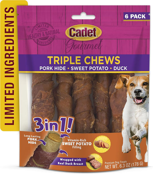 Cadet Gourmet Triple Chews Pork Hide, Sweet Potato, & Duck Dog Treats, Healthy for Small & Large Dogs