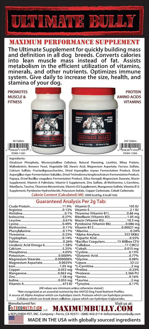 Ultimate Bully Canine Supplement, Maximum Performance, 60 Tablets, Made in The USA