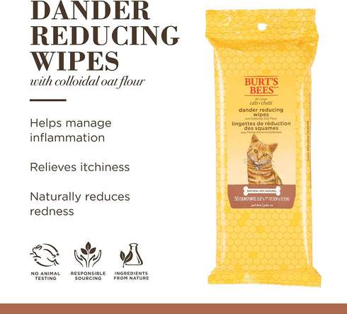 Burt's Bees for Pets Cat Naturally Derived Dander Reducing Wipes - 50 Count, Cruelty Free, Made in the USA, 6 Pack