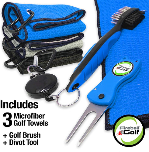 Fireball Golf Towel Gifts Set - 3 Towels, Divot Tool, Ball Marker, Cleaning Brush, Many Colors Available