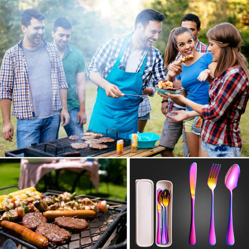 Portable Utensils Set with Case, 4pcs Stainless Steel Reusable Silverware for Lunch, Camping, School, Picnic, Easy to