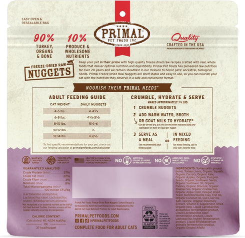 Primal Freeze Dried Raw Cat Food Nuggets, Turkey, Healthy, Grain Free, High Protein, 5.5 oz