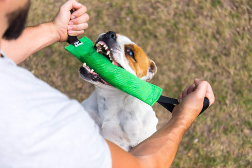 Bull Fit K9 Dog Bite Tug Toy with 2 Strong Handles - Durable Tear-Resistant French Linen for Tug of War, Fetch & Puppy