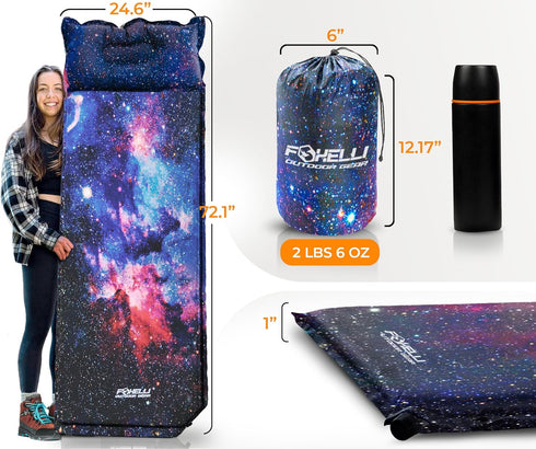 Foxelli Self Inflating Sleeping Pad for Camping, Lightweight Insulated Foam Camping Mat with Pillow for Backpacking and