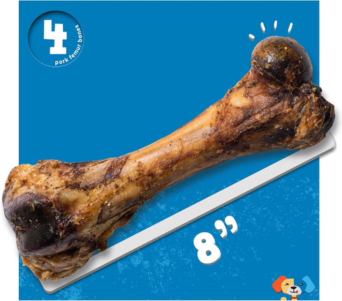 8" 4 Pack Jack&Pup Pork Femur Bones for Dogs, Big Bones for Large Dogs, Gourmet Ham Beef Bones for Agressive Chewers