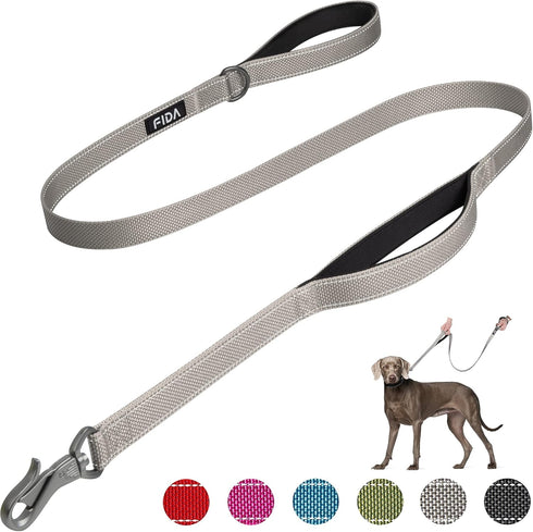 Fida 4 FT Heavy Duty Dog Leash - 2 Comfortable Padded Handles with Traffic Handle & Easy Snap Hook (Grey)