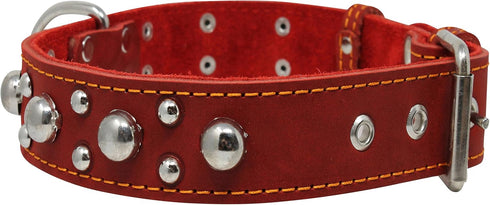 Red Real 1.5" Wide Thick Leather Studded Dog Collar, Fits 17"-21.5" Neck, Large Breeds