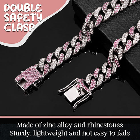 LEIFIDE Dog Chain Collar Diamond Link Necklace for Small Medium Large Dogs Cats (Silver, Pink White, 12 Inch)