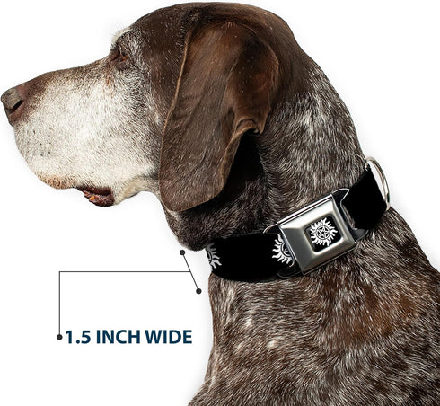 Dog Collar Seatbelt Buckle Winchester Pentagram Repeat Black White 1.0 Inch Wide, 15 to 26 Inches, DC-WSN005-L