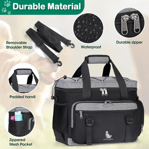 IGOLUMON Large Dog Travel Bag Set, Multi-Pockets Tote Organizer with 2 Food Containers and Bowls