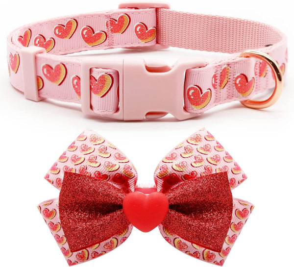 azuza Valentine's Day Dog Collar - Removable Bowtie with Pink Sparkly Hearts Pattern for Small Dogs