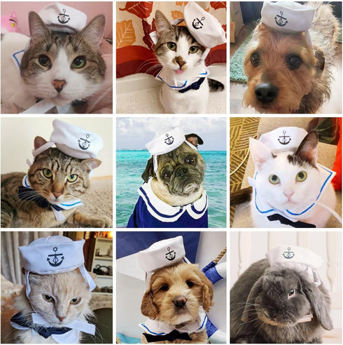 NAMSAN Pet Sailor Costume for Cats & Small Dogs - Cat Halloween Costumes, Navy Outfit with Hat