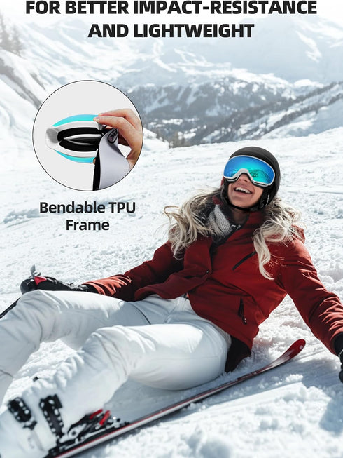 OTG Ski Goggles SGS Approved - Anti Fog Over Glasses Snow/Snowboard Sports Goggles for Men, Women & Youth - RevoBlue 8%
