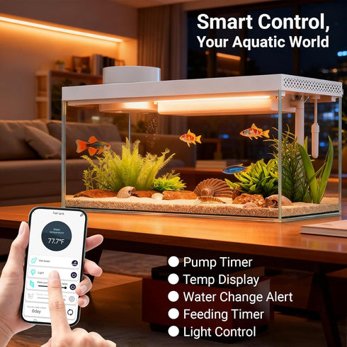 1.3 Gal Glass Desktop Fish Tank Kit with Bluetooth App Control - Automatic Feeder, RGB Lighting, Temperature Monitor
