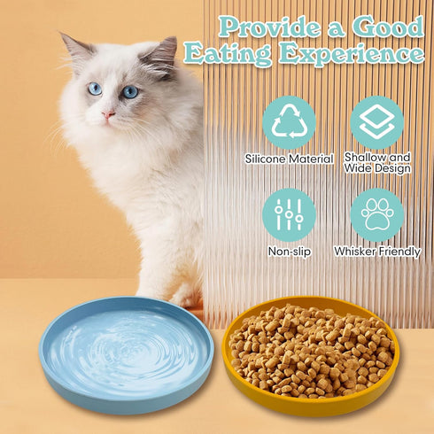Silicone Cat Food Bowl Set: 2 Shallow 7in Wide Cat Plates for Kittens & Dogs, Non-Slip Round Yellow