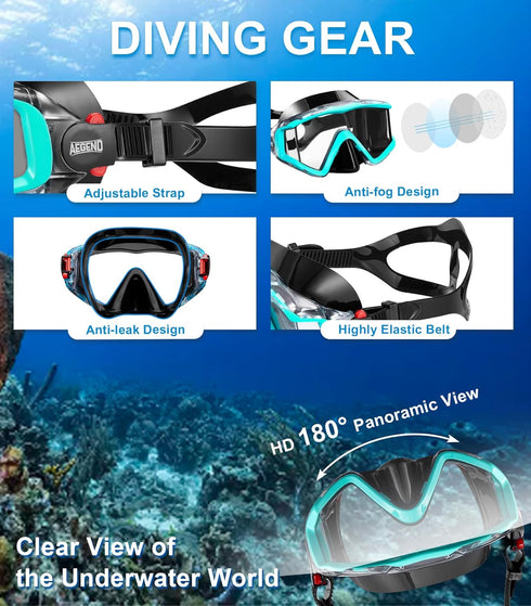 Swimming Aegend Snorkeling Gear for Adults Youth Kids, Snorkel Mask with Top Dry Valve - Panoramic View Anti-Leak