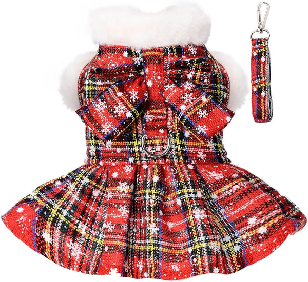 Dog Christmas Sweater, Medium Size, Red Plaid Winter Dress with Leash Set for Puppy