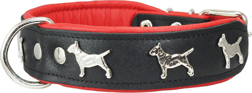Real Leather Soft Padded Dog Collar, Bull Terrier, 1.75" Wide, (16.75"-19.25" Neck, Black/Red)