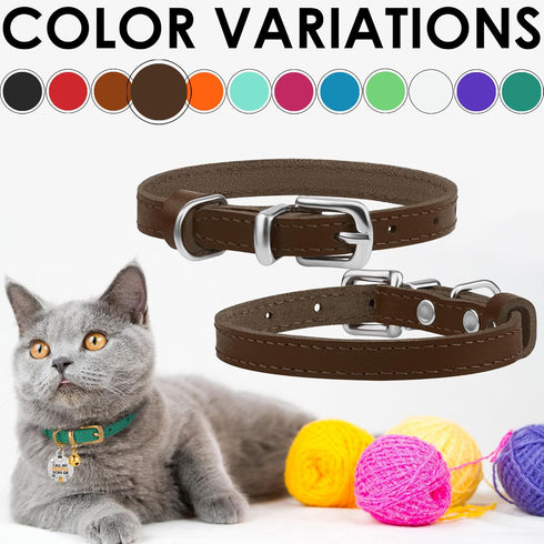 BRONZEDOG Leather Cat Collar with Bell, Non-Breakaway Kitten QR Tag for Cats/Mini Dogs (9" - 12", Brown & Silver)
