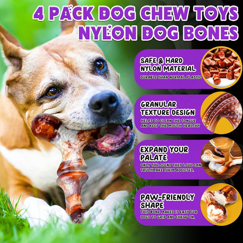 4 Pack Indestructible Dog Chew Toys for Aggressive Chewers - Durable Nylon Bacon Flavor Bones for Medium Small Breed