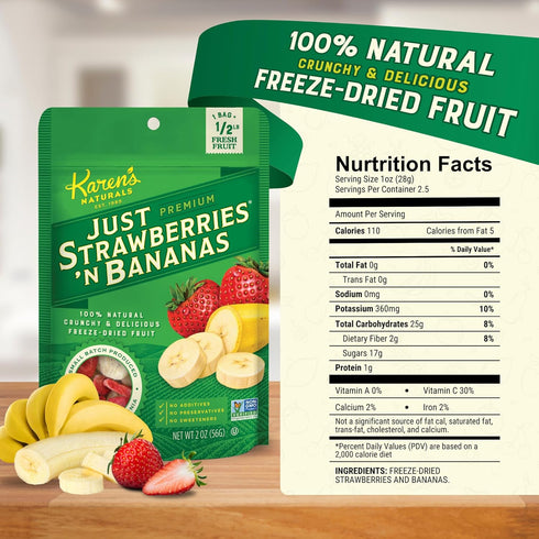2 oz, Karens Naturals Freeze Dried Strawberries & Bananas, No Sugar Added, Healthy Fruit Snack, Non-GMO, Vegan, Gluten