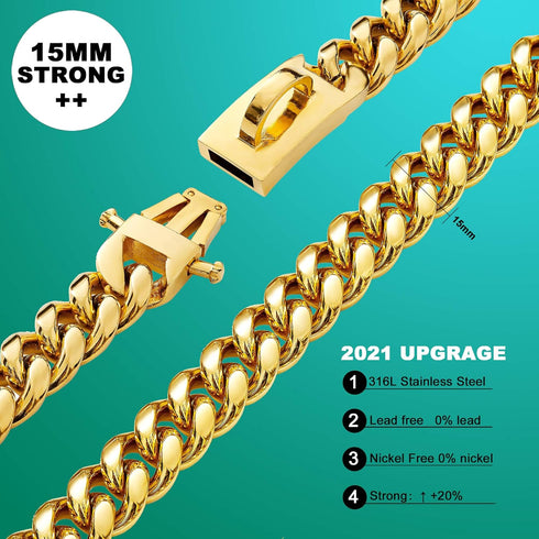 Designer Dog Cuban Link Chain Collar - Gold Chain with Safety Design Buckle 15MM Metal Stainless Steel (22")