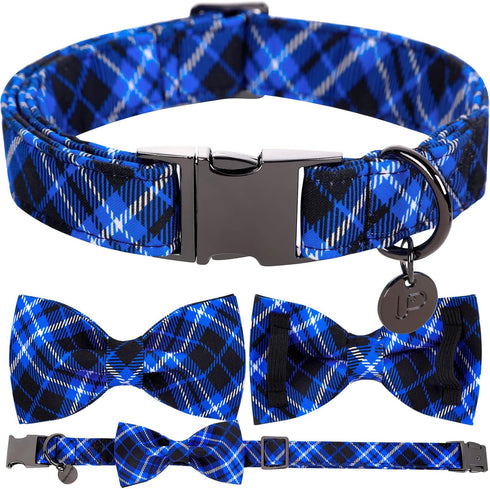 Dog Collar with Bow Tie, Cotton Bowtie Collar for Medium Girl Boy Dog, Holiday Blue, Neck 13.5-22in.