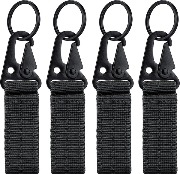 IronSeals 4 Pack Nylon Webbing Keychain, Tactical Molle Gear Key Ring with Metal Hook and Backpack Clasp