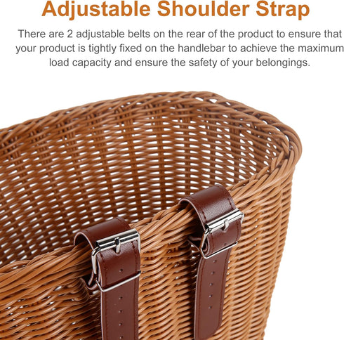 Woven Plastic Bike Baskets, Front D-Shaped Bicycle Basket with 2 Adjustable Leather Straps