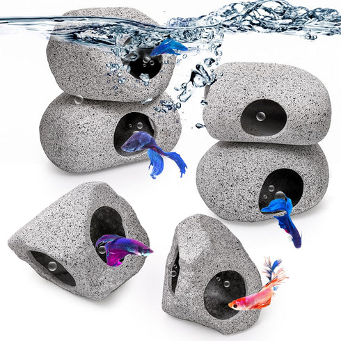 6 Pack Aquarium Decoration Rock Caves, Betta Fish Tank Hideaway, Stones House Decor for Cichlid Shrimp Territorial Fish