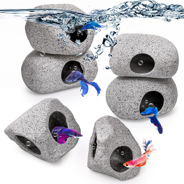 6 Pack Aquarium Decoration Rock Caves, Betta Fish Tank Hideaway, Stones House Decor for Cichlid Shrimp Territorial Fish