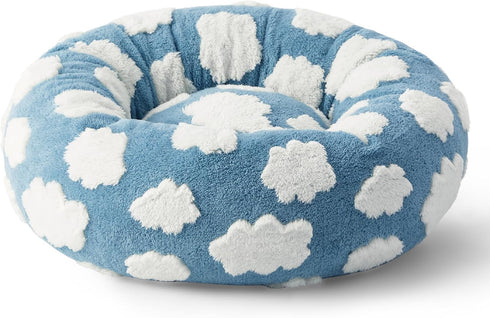 Lesure Donut Small Dog Bed - Round Calming Cat Beds with Jacquard Shaggy Plush & Anti-Slip Bottom, Blue, 30 Inch