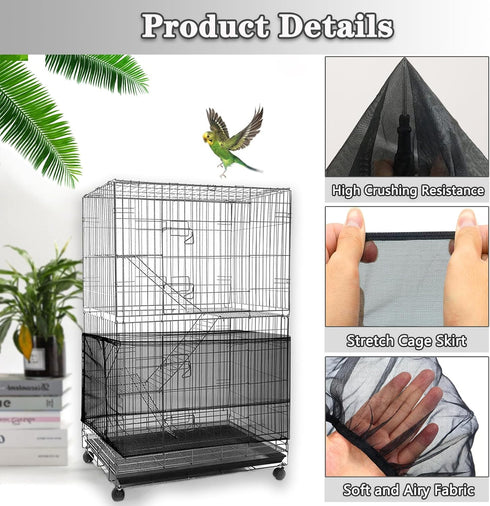 Bird Cage Seed Catcher - Adjustable Net Cover for Bird Cages, Seed Catcher Guard Net for Parrots and Macaws, Black