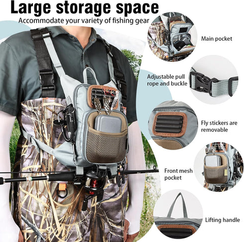 Fly Fishing Chest Pack, Waterproof Fishing Tackle Backpack, Lightweight Pouch with Multiple Compartments