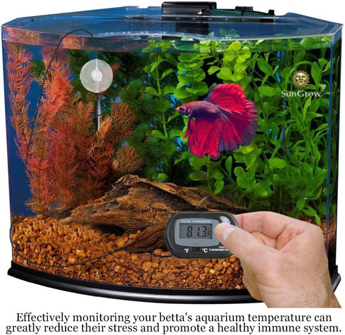 SunGrow Digital Betta Thermometer for Tropical Aquarium Fish, Black Color, 1 pc with Suction Cups and Battery