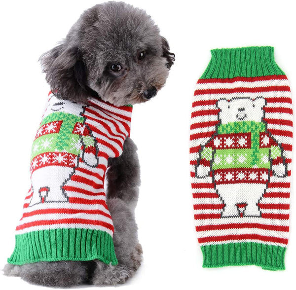 Dog Christmas Sweater for Small Medium Dogs, Knitted Soft Warm Holiday Clothes with Cute Bear Striped Design (XL, Green