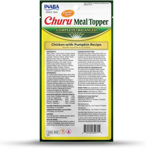 INABA Churu Meal Topper for Dogs, Complete & Balanced, Creamy, Lickable Purée Dog Food Topper, 0.5 Ounce Tube, 4 Tubes (4 per Pack) Chicken with Pumpkin Recipe