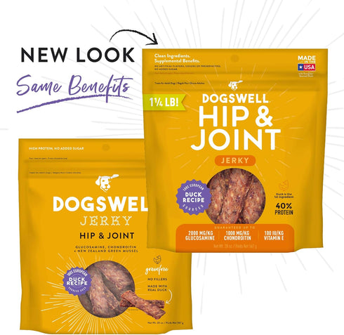 Dogswell Jerky Hip and Joint Dog Treats, Grain Free, Made in USA, 20 oz Duck with Glucosamine and Chondroitin