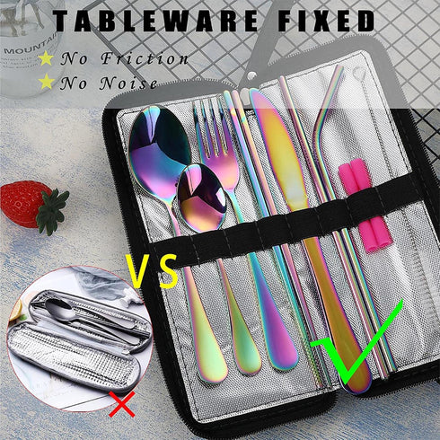 VANDBAO Camping Utensils Set, Portable Travel Cutlery with Case, Reusable Stainless Steel Flatware, Rainbow Set