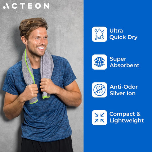 5 Pack, 16x30.5 Inch Acteon Microfiber Gym Towels Quick Dry Silver ION Odor-Free Sweat Towel, Super Absorbent Fast