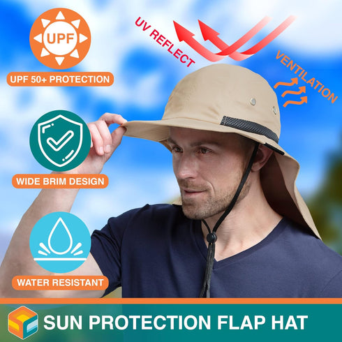 SUN CUBE Wide Brim Sun Hat for Men, Neck Flap Cover, UV Protection for Hiking, Camping, Gardening