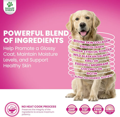 Doggie Dailies Skin & Coat Supplement - 225 Soft Chews with Salmon Oil, Collagen, Omega 3, Krill Oil, Biotin, & Coconut