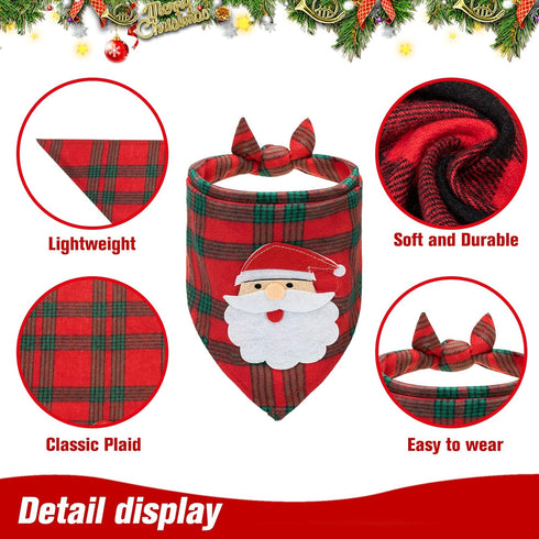 PAWCHIE 2 PCS Christmas Dog Bandanas with Handmade Applique (Santa Claus & Elk), Washable Plaid Scarfs